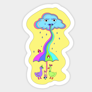 Trippy Detailed Hand-drawn Cloud with Ducks underneath an umbrella Sticker